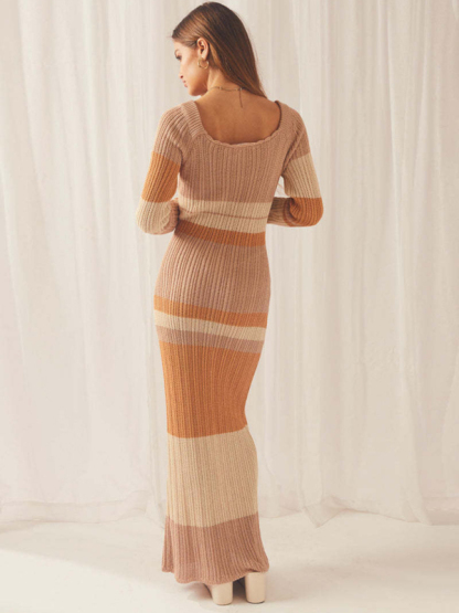 One-neck off-the-shoulder hollow beach long-sleeved knitted striped dress for women-chiquechics