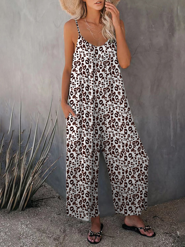 Women's Casual Sleeveless Leopard Print Pocket Loose Suspender Jumpsuit-chiquechics