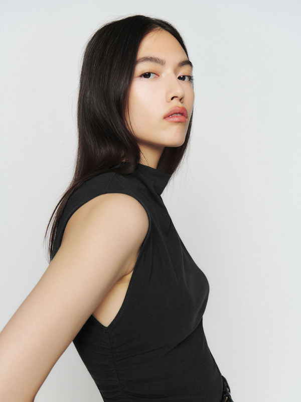 Half-high collar casual all-match vest short shirred polyester-cotton shirt-chiquechics