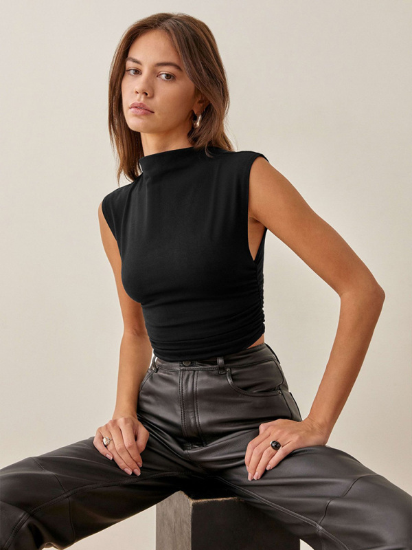 Half-high collar casual all-match vest short shirred polyester-cotton shirt-chiquechics