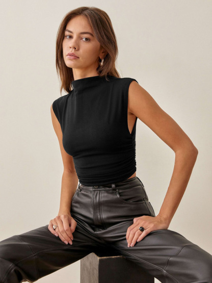 Half-high collar casual all-match vest short shirred polyester-cotton shirt-chiquechics