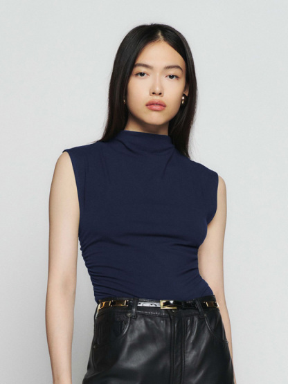 Half-high collar casual all-match vest short shirred polyester-cotton shirt-chiquechics