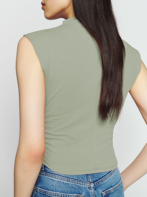 Half-high collar casual all-match vest short shirred polyester-cotton shirt-chiquechics