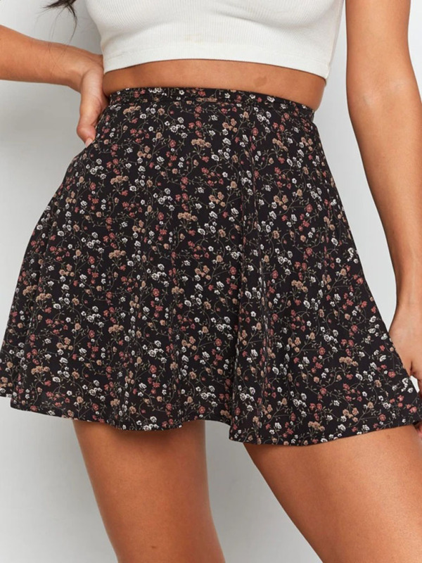 Floral skirt high waist umbrella skirt invisible zipper chiffon printed skirt for women-chiquechics