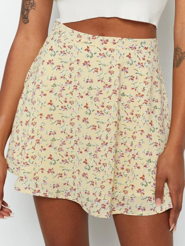 Floral skirt high waist umbrella skirt invisible zipper chiffon printed skirt for women-chiquechics