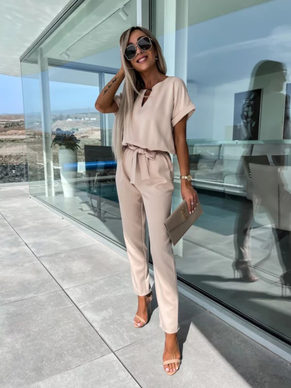 Short-sleeved V-neck slip pocket elastic waist tie-up pencil pants cropped jumpsuit-chiquechics