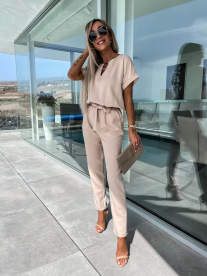 Short-sleeved V-neck slip pocket elastic waist tie-up pencil pants cropped jumpsuit-chiquechics