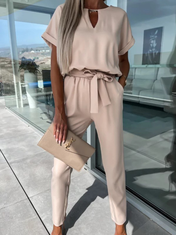 Short-sleeved V-neck slip pocket elastic waist tie-up pencil pants cropped jumpsuit-chiquechics