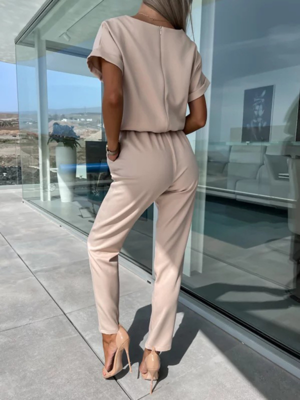 Short-sleeved V-neck slip pocket elastic waist tie-up pencil pants cropped jumpsuit-chiquechics