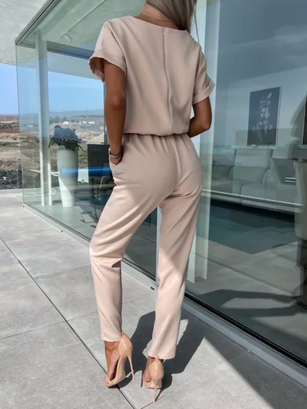 Short-sleeved V-neck slip pocket elastic waist tie-up pencil pants cropped jumpsuit-chiquechics