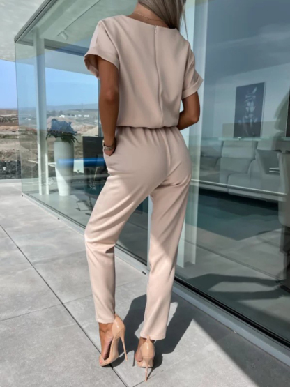 Short-sleeved V-neck slip pocket elastic waist tie-up pencil pants cropped jumpsuit-chiquechics