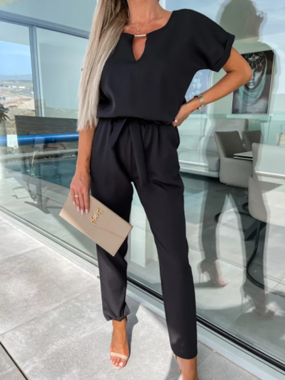 Short-sleeved V-neck slip pocket elastic waist tie-up pencil pants cropped jumpsuit-chiquechics