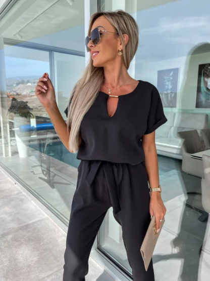 Short-sleeved V-neck slip pocket elastic waist tie-up pencil pants cropped jumpsuit-chiquechics