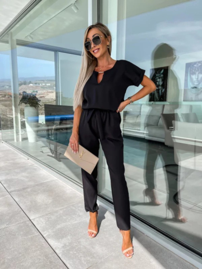 Short-sleeved V-neck slip pocket elastic waist tie-up pencil pants cropped jumpsuit-chiquechics