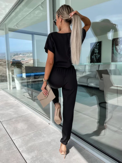 Short-sleeved V-neck slip pocket elastic waist tie-up pencil pants cropped jumpsuit-chiquechics