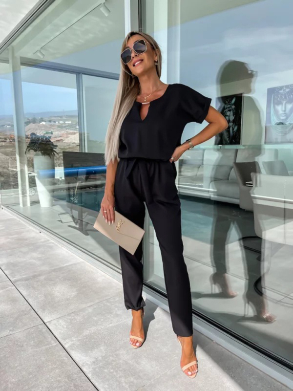 Short-sleeved V-neck slip pocket elastic waist tie-up pencil pants cropped jumpsuit-chiquechics