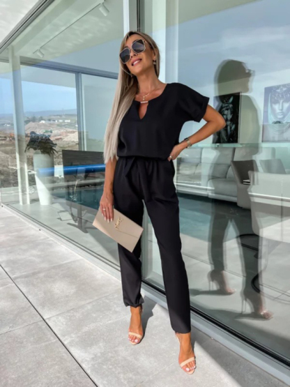 Short-sleeved V-neck slip pocket elastic waist tie-up pencil pants cropped jumpsuit-chiquechics