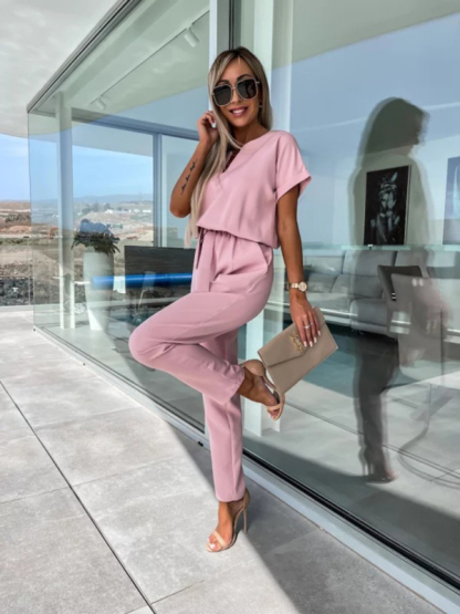 Short-sleeved V-neck slip pocket elastic waist tie-up pencil pants cropped jumpsuit-chiquechics
