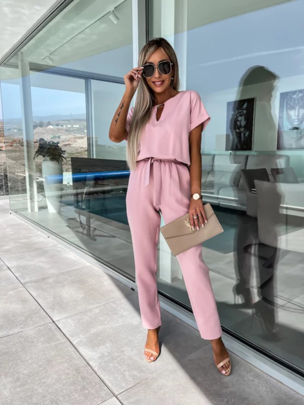 Short-sleeved V-neck slip pocket elastic waist tie-up pencil pants cropped jumpsuit-chiquechics