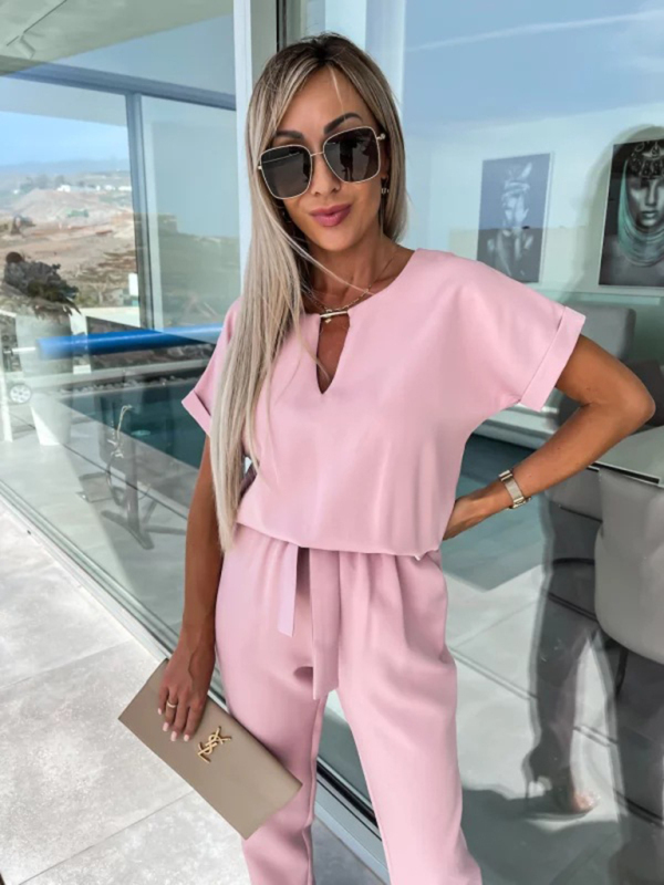 Short-sleeved V-neck slip pocket elastic waist tie-up pencil pants cropped jumpsuit-chiquechics