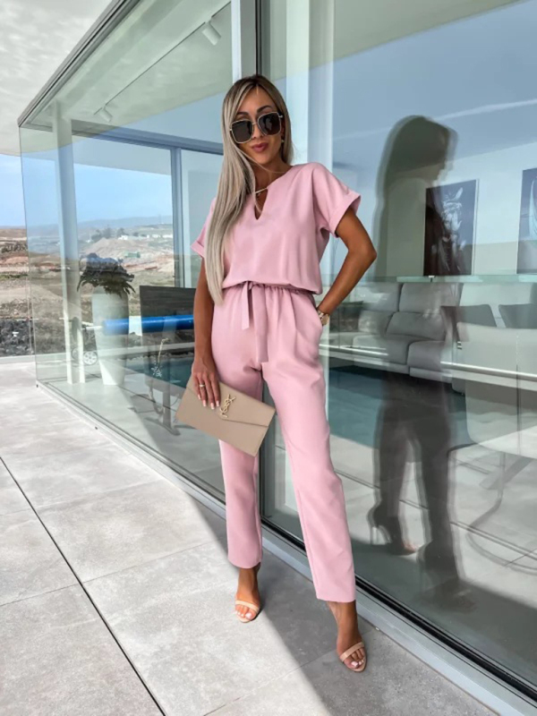 Short-sleeved V-neck slip pocket elastic waist tie-up pencil pants cropped jumpsuit-chiquechics