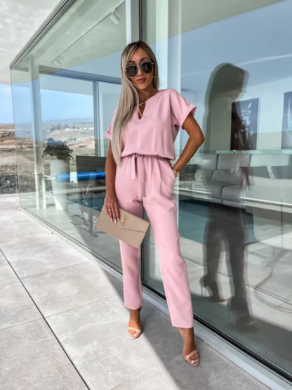 Short-sleeved V-neck slip pocket elastic waist tie-up pencil pants cropped jumpsuit-chiquechics