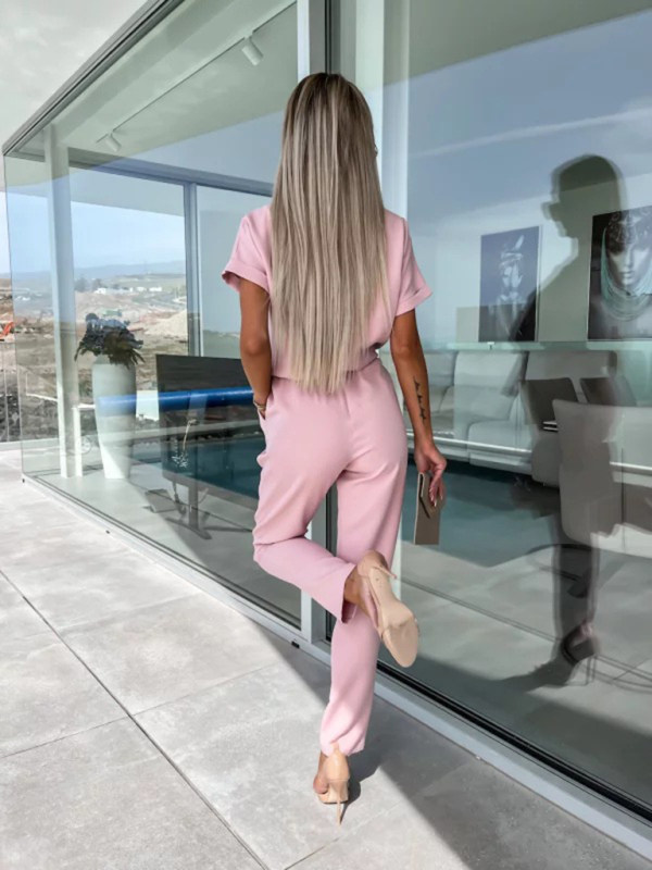 Short-sleeved V-neck slip pocket elastic waist tie-up pencil pants cropped jumpsuit-chiquechics