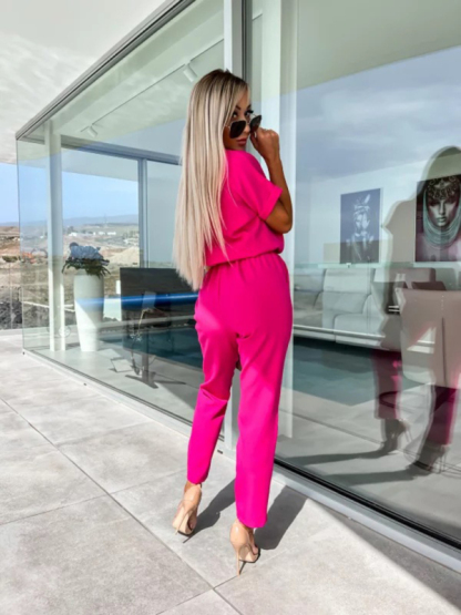 Short-sleeved V-neck slip pocket elastic waist tie-up pencil pants cropped jumpsuit-chiquechics
