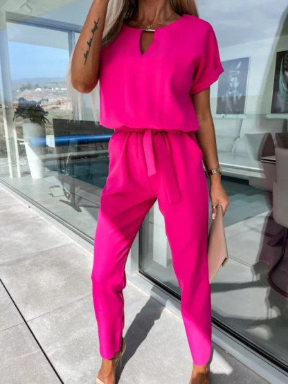 Short-sleeved V-neck slip pocket elastic waist tie-up pencil pants cropped jumpsuit-chiquechics