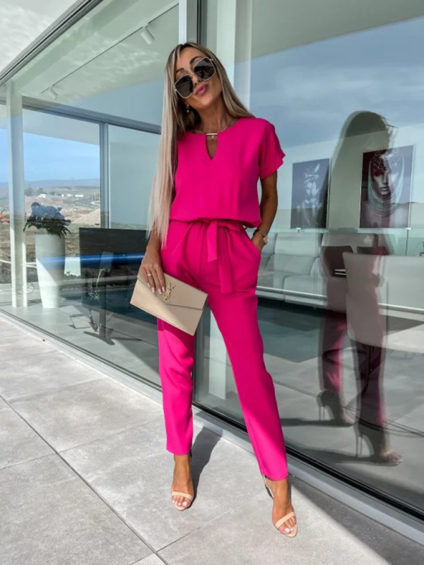 Short-sleeved V-neck slip pocket elastic waist tie-up pencil pants cropped jumpsuit-chiquechics