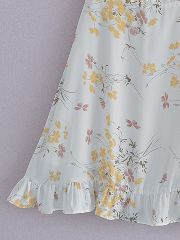 Small fresh floral print slim-fit wooden ear tie dress-chiquechics