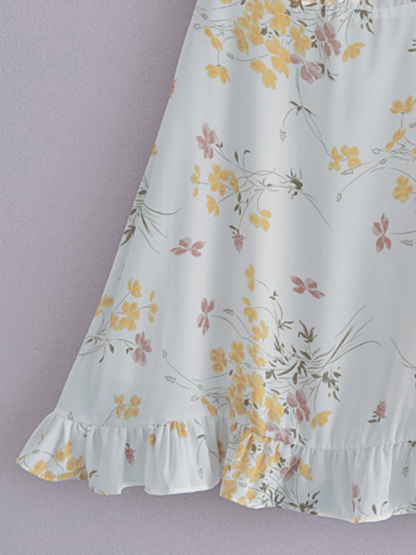 Small fresh floral print slim-fit wooden ear tie dress-chiquechics