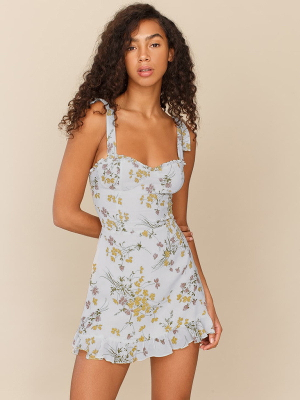 Small fresh floral print slim-fit wooden ear tie dress-chiquechics