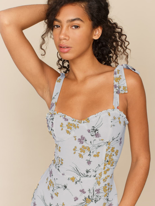 Small fresh floral print slim-fit wooden ear tie dress-chiquechics