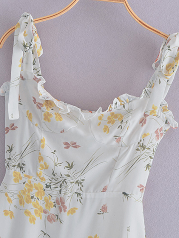 Small fresh floral print slim-fit wooden ear tie dress-chiquechics