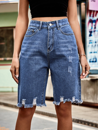Summer new fashion ripped raw edge fringed five point jeans-chiquechics