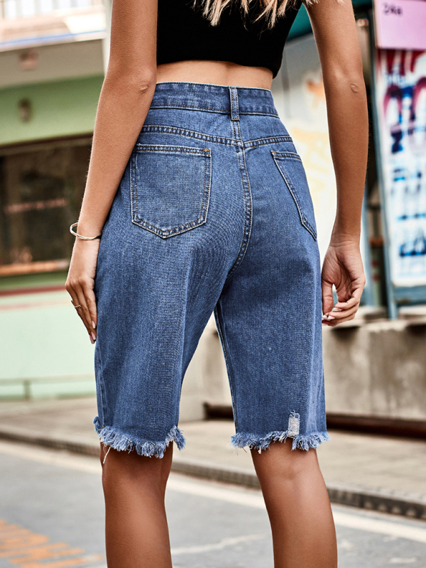 Summer new fashion ripped raw edge fringed five point jeans-chiquechics