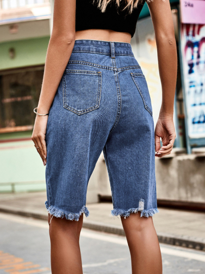 Summer new fashion ripped raw edge fringed five point jeans-chiquechics