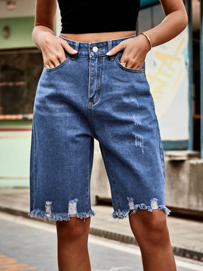 Summer new fashion ripped raw edge fringed five point jeans-chiquechics
