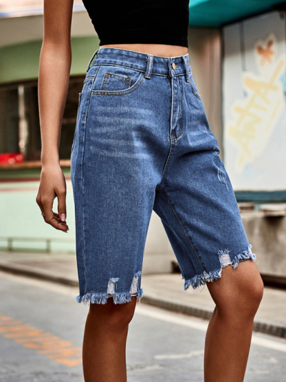 Summer new fashion ripped raw edge fringed five point jeans-chiquechics
