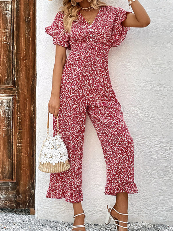 Summer women's fashion red printed European and American jumpsuit-chiquechics