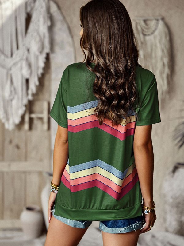 New round neck T-shirt rainbow strip top-chiquechics