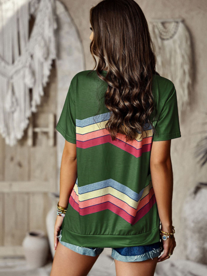New round neck T-shirt rainbow strip top-chiquechics