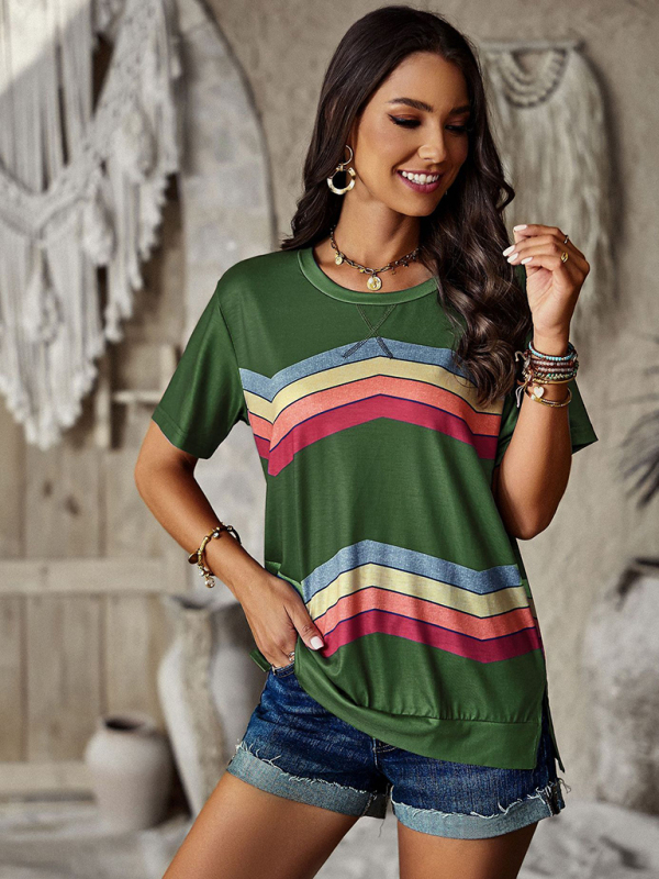 New round neck T-shirt rainbow strip top-chiquechics
