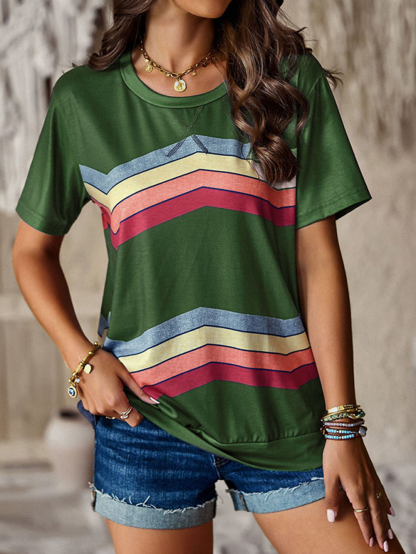 New round neck T-shirt rainbow strip top-chiquechics