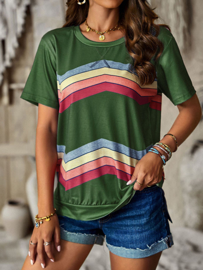 New round neck T-shirt rainbow strip top-chiquechics