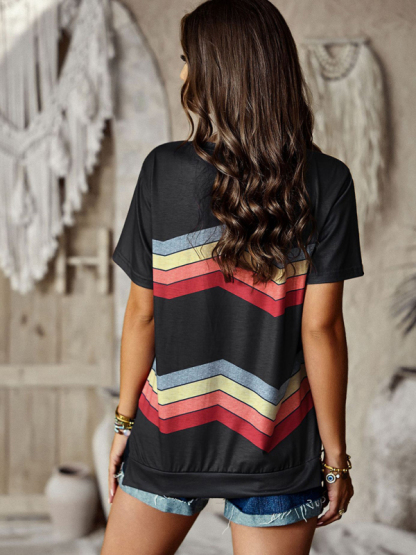 New round neck T-shirt rainbow strip top-chiquechics