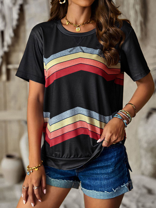 New round neck T-shirt rainbow strip top-chiquechics