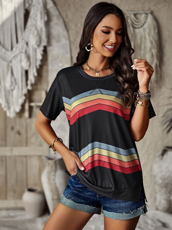 New round neck T-shirt rainbow strip top-chiquechics