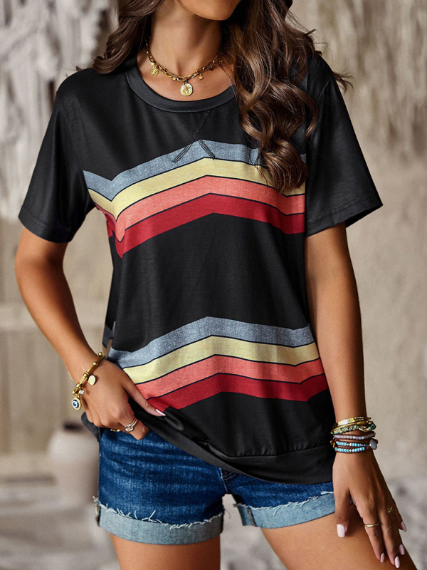 New round neck T-shirt rainbow strip top-chiquechics